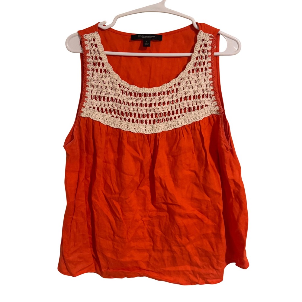 Marc New York Orange 100% Linen Crochet Yoke Tank Top Large Sleeveless Blouse
